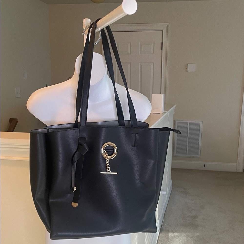 Black Leather Tote Bag with Gold Accent